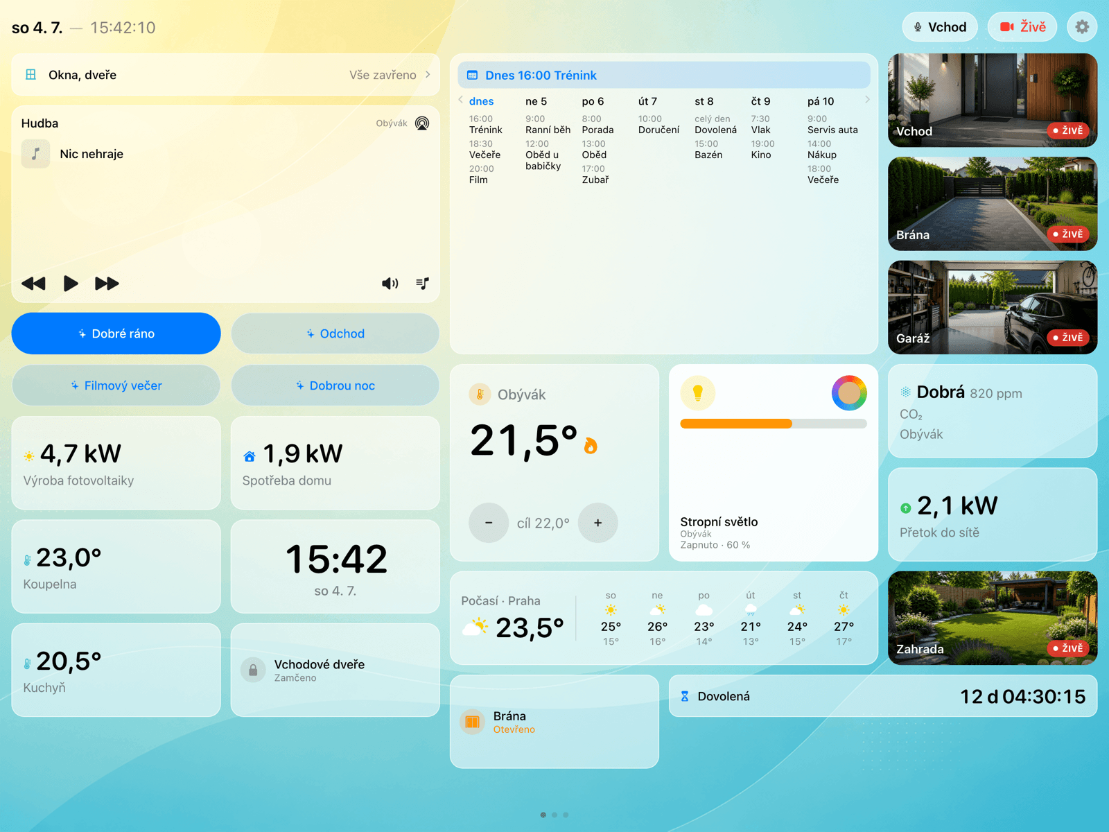 Dashboard: kamery, teploty, světla, počasí a kalendář na jedné obrazovce