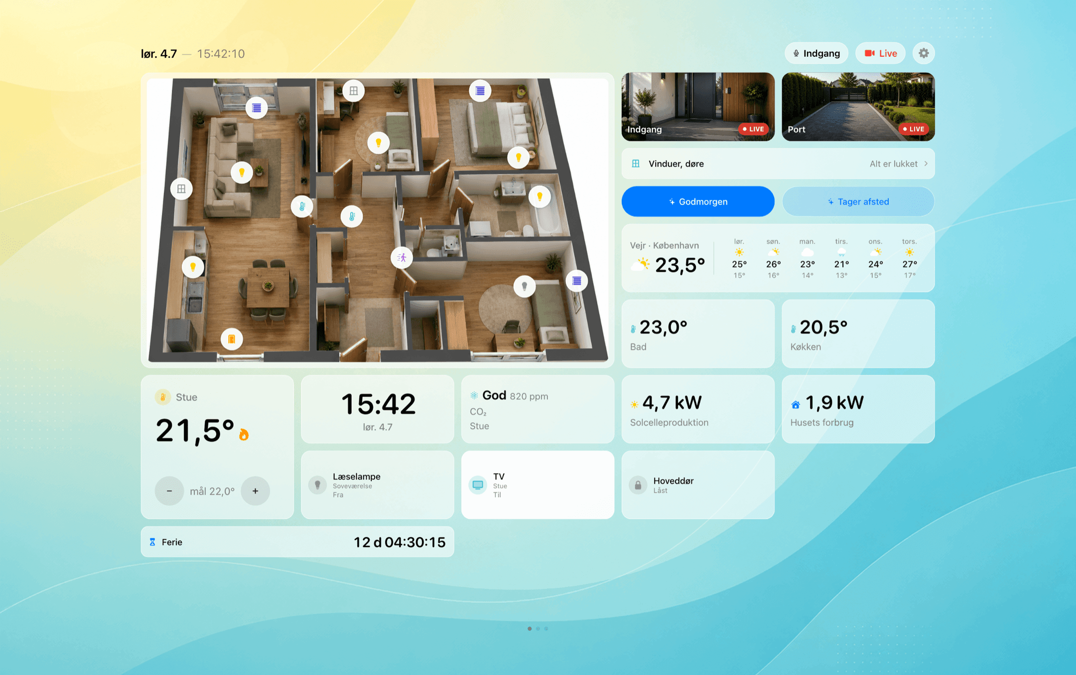 3D-plantegning af en lejlighed på en iPad: Et tryk på et symbol styrer en lampe, en termostat viser temperaturen