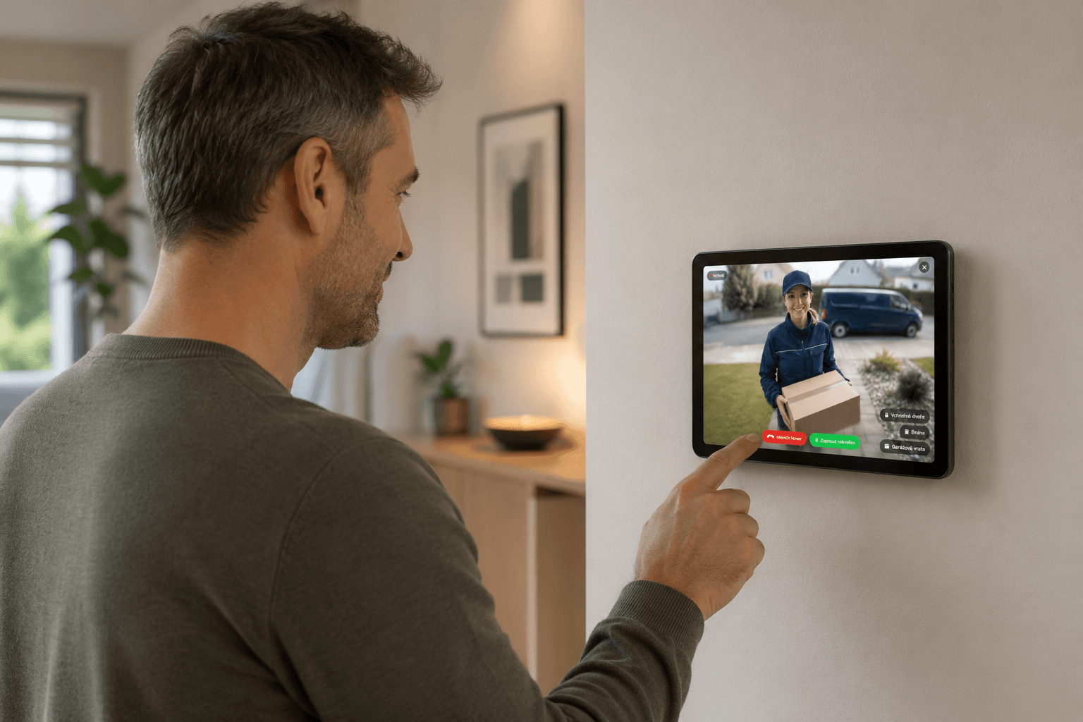 A man answering a doorbell call on a wall-mounted iPad: a courier with a parcel on screen, lock buttons beside it