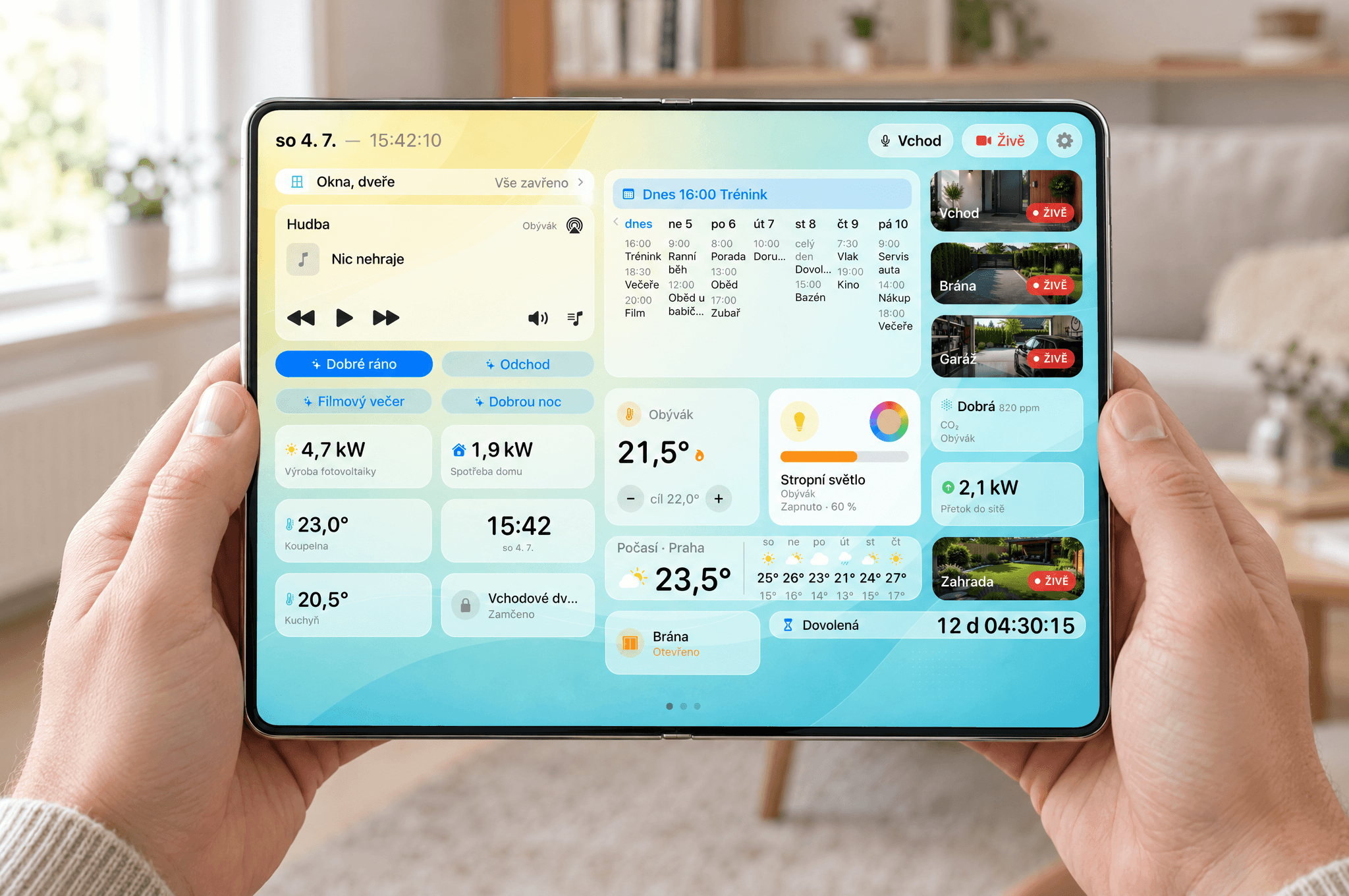 An unfolded foldable phone held in both hands, the wide Dashboard layout