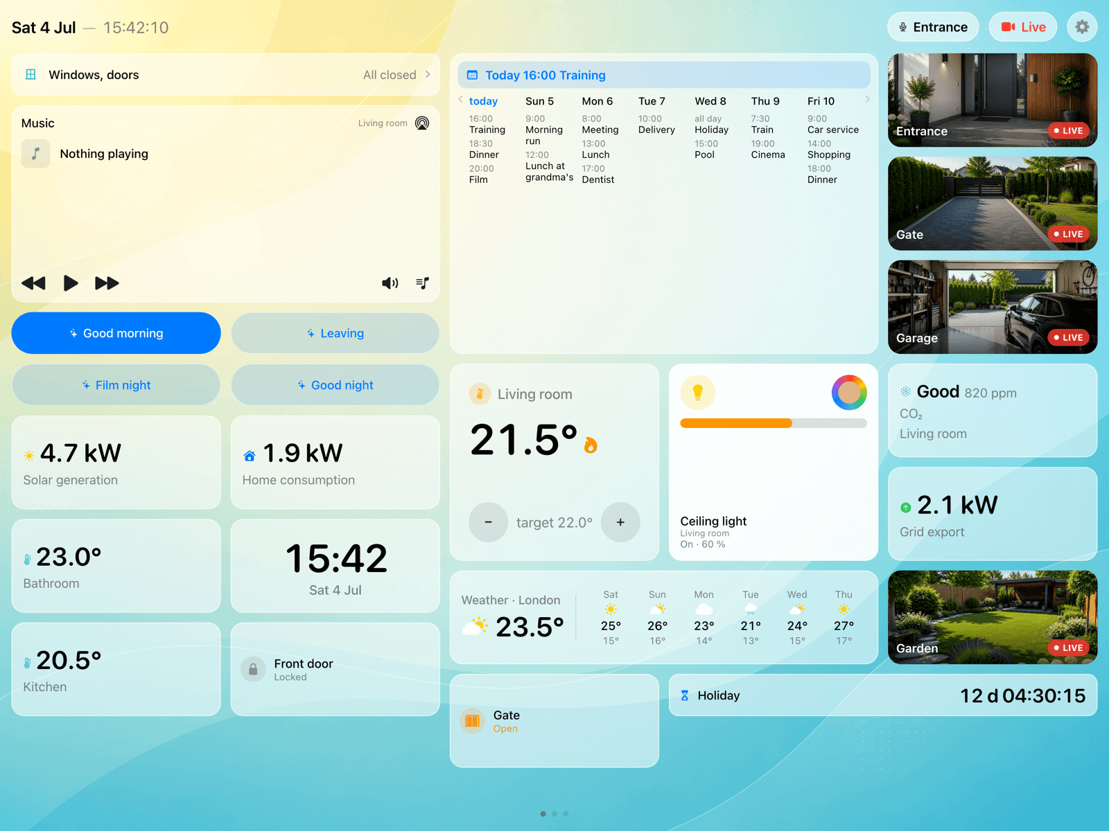 Dashboard: cameras, temperatures, lights, weather and calendar on one screen