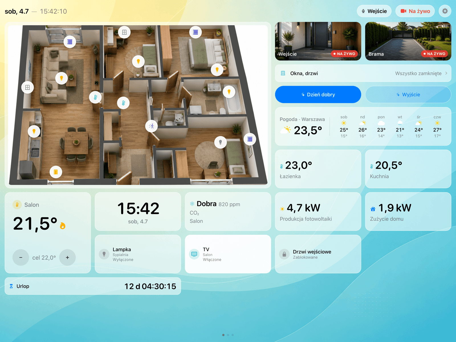 Rzut 3D mieszkania na iPadzie: stuknięcie w ikonę steruje światłem, termostat pokazuje temperaturę