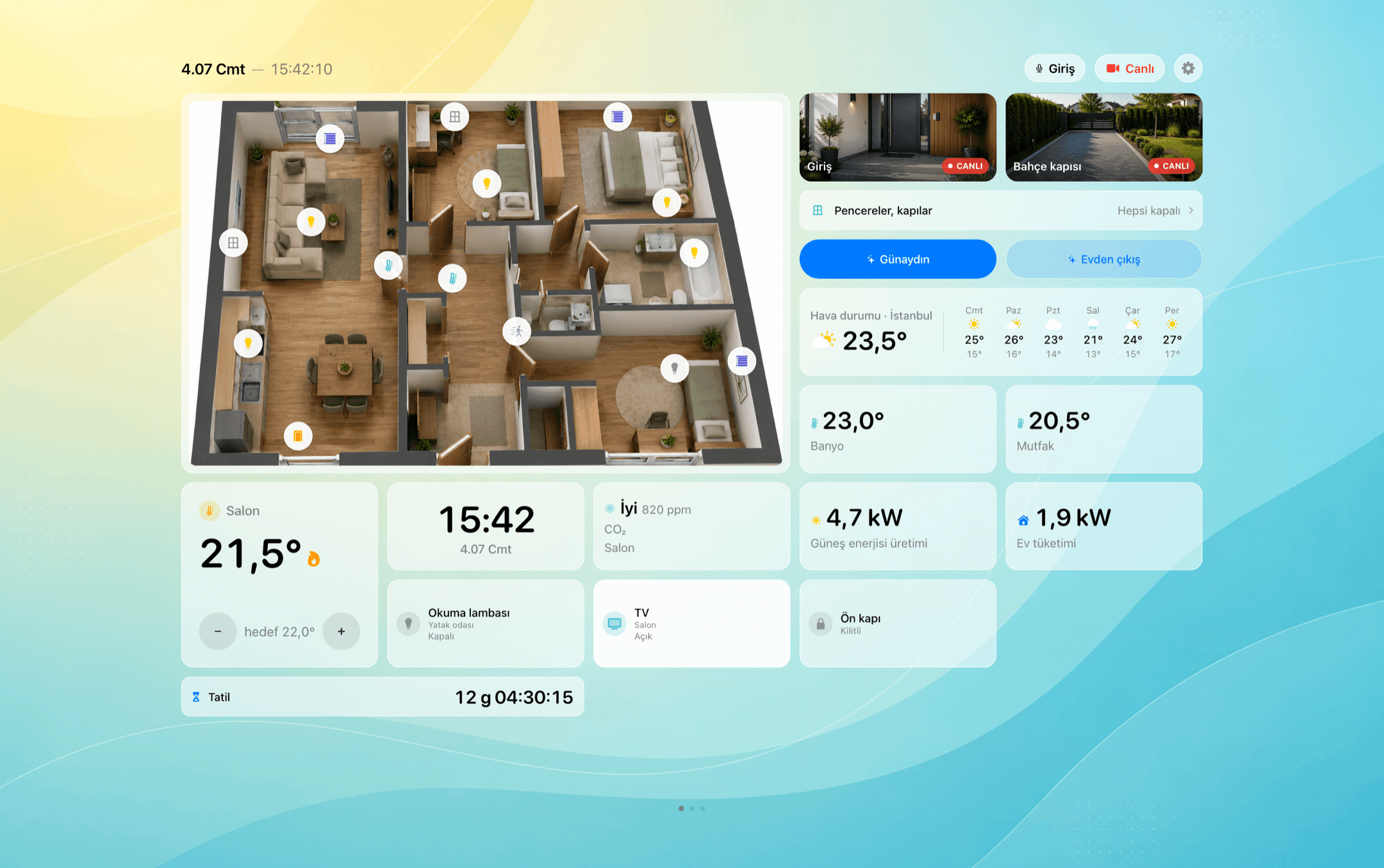 iPad’de bir dairenin 3D kat planı: bir simgeye dokunmak ışığı denetler, termostat sıcaklığı gösterir